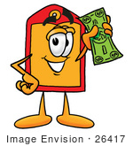 #26417 Clip Art Graphic Of A Red And Yellow Sales Price Tag Cartoon Character On A Dollar Bill