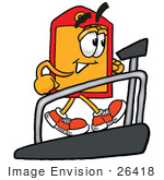 #26418 Clip Art Graphic Of A Red And Yellow Sales Price Tag Cartoon Character Walking On A Treadmill In A Fitness Gym