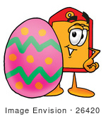 #26420 Clip Art Graphic Of A Red And Yellow Sales Price Tag Cartoon Character Standing Beside An Easter Egg