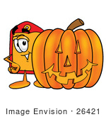 #26421 Clip Art Graphic Of A Red And Yellow Sales Price Tag Cartoon Character With A Carved Halloween Pumpkin