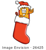 #26425 Clip Art Graphic Of A Red And Yellow Sales Price Tag Cartoon Character Wearing A Santa Hat Inside A Red Christmas Stocking