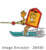 #26430 Clip Art Graphic Of A Red And Yellow Sales Price Tag Cartoon Character Waving While Water Skiing