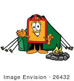 #26432 Clip Art Graphic Of A Red And Yellow Sales Price Tag Cartoon Character Camping With A Tent And Fire