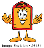 #26434 Clip Art Graphic Of A Red And Yellow Sales Price Tag Cartoon Character With Welcoming Open Arms
