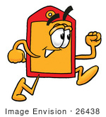 #26438 Clip Art Graphic Of A Red And Yellow Sales Price Tag Cartoon Character Running