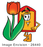 #26440 Clip Art Graphic Of A Red And Yellow Sales Price Tag Cartoon Character With A Red Tulip Flower In The Spring