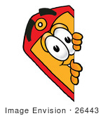 #26443 Clip Art Graphic Of A Red And Yellow Sales Price Tag Cartoon Character Peeking Around A Corner