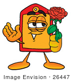 #26447 Clip Art Graphic Of A Red And Yellow Sales Price Tag Cartoon Character Holding A Red Rose On Valentines Day