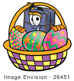 #26451 Clip Art Graphic Of A Suitcase Luggage Cartoon Character In An Easter Basket Full Of Decorated Easter Eggs