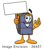#26457 Clip Art Graphic Of A Suitcase Luggage Cartoon Character Holding A Blank Sign