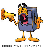 #26464 Clip Art Graphic Of A Suitcase Luggage Cartoon Character Screaming Into A Megaphone