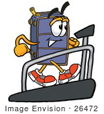 #26472 Clip Art Graphic Of A Suitcase Luggage Cartoon Character Walking On A Treadmill In A Fitness Gym