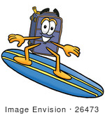 #26473 Clip Art Graphic Of A Suitcase Luggage Cartoon Character Surfing On A Blue And Yellow Surfboard