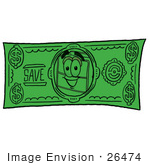 #26474 Clip Art Graphic Of A Suitcase Luggage Cartoon Character On A Dollar Bill