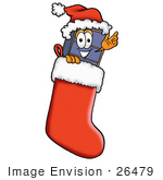 #26479 Clip Art Graphic Of A Suitcase Luggage Cartoon Character Wearing A Santa Hat Inside A Red Christmas Stocking