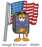 #26481 Clip Art Graphic Of A Suitcase Luggage Cartoon Character Pledging Allegiance To An American Flag