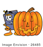 #26485 Clip Art Graphic Of A Suitcase Luggage Cartoon Character With A Carved Halloween Pumpkin