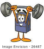 #26487 Clip Art Graphic Of A Suitcase Luggage Cartoon Character Holding A Heavy Barbell Above His Head