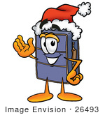 #26493 Clip Art Graphic Of A Suitcase Luggage Cartoon Character Wearing A Santa Hat And Waving