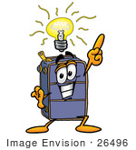 #26496 Clip Art Graphic Of A Suitcase Luggage Cartoon Character With A Bright Idea