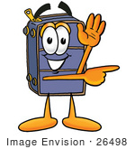 #26498 Clip Art Graphic Of A Suitcase Luggage Cartoon Character Waving And Pointing
