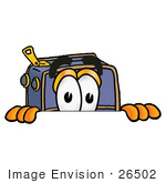 #26502 Clip Art Graphic Of A Suitcase Luggage Cartoon Character Peeking Over A Surface