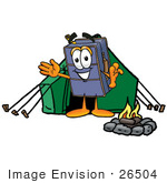 #26504 Clip Art Graphic Of A Suitcase Luggage Cartoon Character Camping With A Tent And Fire
