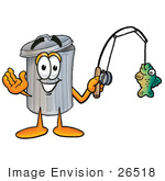 #26518 Clip Art Graphic Of A Metal Trash Can Cartoon Character Holding A Fish On A Fishing Pole