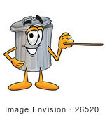 #26520 Clip Art Graphic Of A Metal Trash Can Cartoon Character Holding A Pointer Stick