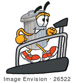 #26522 Clip Art Graphic Of A Metal Trash Can Cartoon Character Walking On A Treadmill In A Fitness Gym