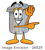 #26525 Clip Art Graphic Of A Metal Trash Can Cartoon Character Waving And Pointing