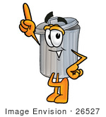 #26527 Clip Art Graphic Of A Metal Trash Can Cartoon Character Pointing Upwards