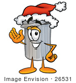 #26531 Clip Art Graphic Of A Metal Trash Can Cartoon Character Wearing A Santa Hat And Waving