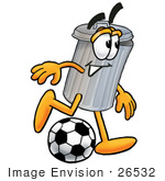 #26532 Clip Art Graphic Of A Metal Trash Can Cartoon Character Kicking A Soccer Ball