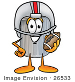 #26533 Clip Art Graphic Of A Metal Trash Can Cartoon Character In A Helmet Holding A Football