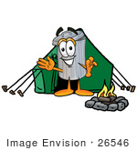 #26546 Clip Art Graphic Of A Metal Trash Can Cartoon Character Camping With A Tent And Fire