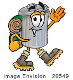 #26549 Clip Art Graphic Of A Metal Trash Can Cartoon Character Hiking And Carrying A Backpack