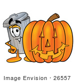 #26557 Clip Art Graphic Of A Metal Trash Can Cartoon Character With A Carved Halloween Pumpkin
