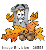 #26558 Clip Art Graphic Of A Metal Trash Can Cartoon Character With Autumn Leaves And Acorns In The Fall