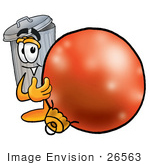 #26563 Clip Art Graphic Of A Metal Trash Can Cartoon Character Standing With A Christmas Bauble