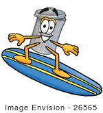 #26565 Clip Art Graphic Of A Metal Trash Can Cartoon Character Surfing On A Blue And Yellow Surfboard
