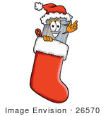 #26570 Clip Art Graphic Of A Metal Trash Can Cartoon Character Wearing A Santa Hat Inside A Red Christmas Stocking