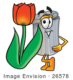 #26578 Clip Art Graphic Of A Metal Trash Can Cartoon Character With A Red Tulip Flower In The Spring