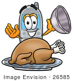 #26585 Clip Art Graphic Of A Gray Cell Phone Cartoon Character Serving A Thanksgiving Turkey On A Platter