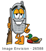 #26588 Clip Art Graphic Of A Gray Cell Phone Cartoon Character Duck Hunting Standing With A Rifle And Duck