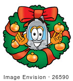 #26590 Clip Art Graphic Of A Gray Cell Phone Cartoon Character In The Center Of A Christmas Wreath