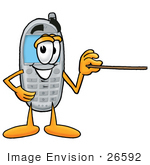 #26592 Clip Art Graphic Of A Gray Cell Phone Cartoon Character Holding A Pointer Stick