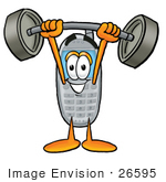 #26595 Clip Art Graphic Of A Gray Cell Phone Cartoon Character Holding A Heavy Barbell Above His Head
