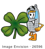 #26596 Clip Art Graphic Of A Gray Cell Phone Cartoon Character Wearing A Saint Patricks Day Hat With A Clover On It