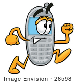 #26598 Clip Art Graphic Of A Gray Cell Phone Cartoon Character Running